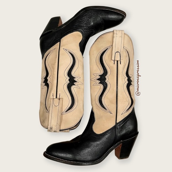 1980s Frye Vintage Black Cream Lizard Cow Leather Pull On Western Cowboy Boot